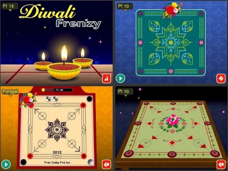Carrom Frenzy regional themes showing Diwali and Pongal board designs