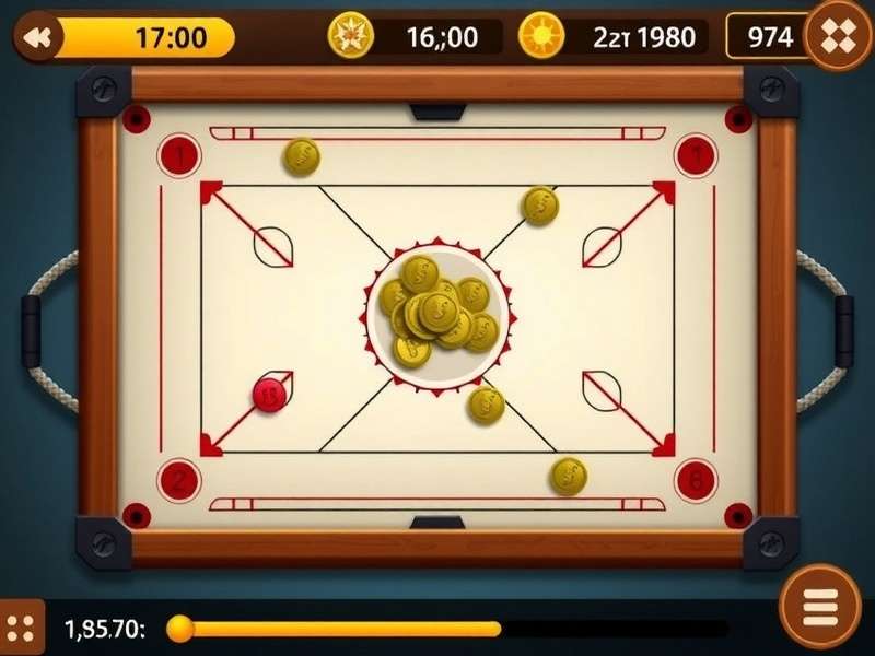 Carrom Frenzy gameplay screen showing the board, coins, and striker